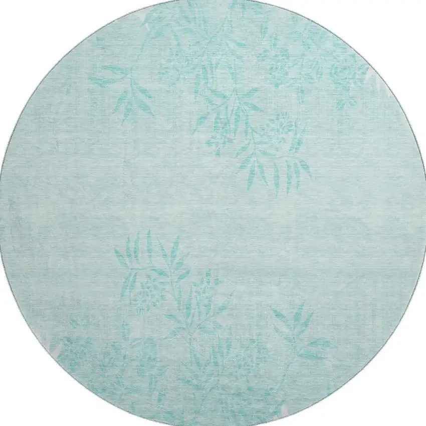 8' Teal And Ivory Floral Washable Round Rug With UV Protection Photo 3