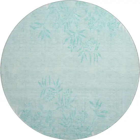 8' Teal And Ivory Floral Washable Round Rug With UV Protection Photo 1