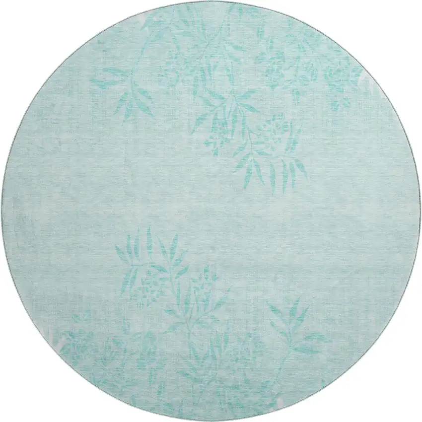 8' Teal And Ivory Floral Washable Round Rug With UV Protection Photo 1