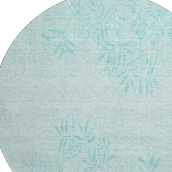 8' Teal And Ivory Floral Washable Round Rug With UV Protection Photo 4
