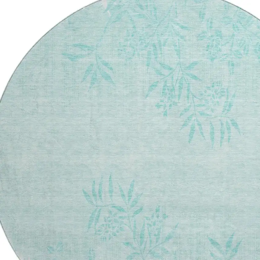8' Teal And Ivory Floral Washable Round Rug With UV Protection Photo 4