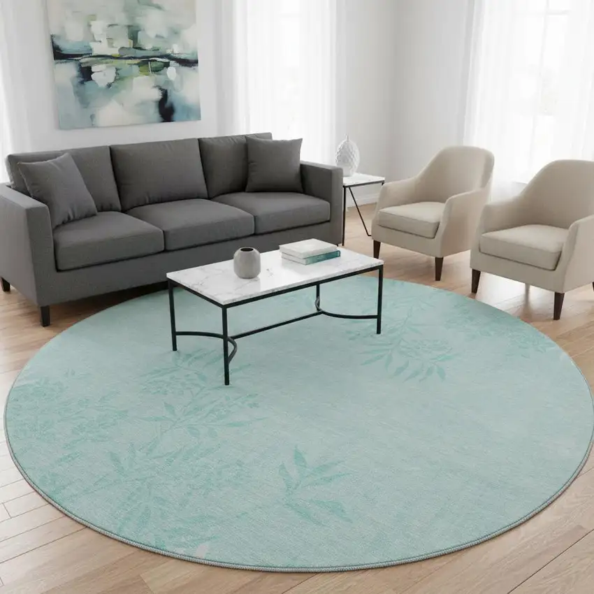 8' Teal And Ivory Floral Washable Round Rug With UV Protection Photo 2