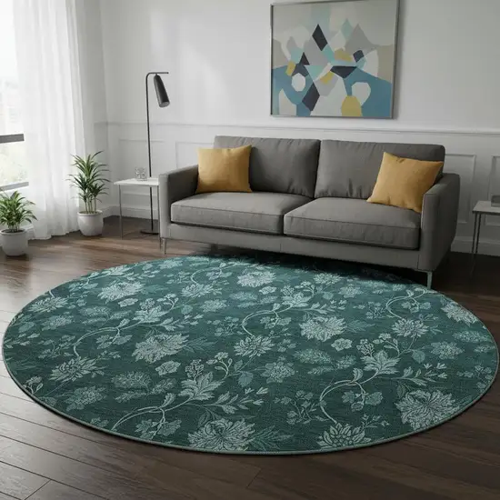 8' Teal And Ivory Floral Washable Round Rug With UV Protection Photo 2