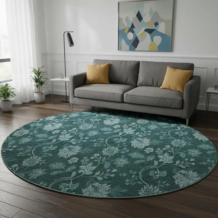 8' Teal And Ivory Floral Washable Round Rug With UV Protection Photo 2