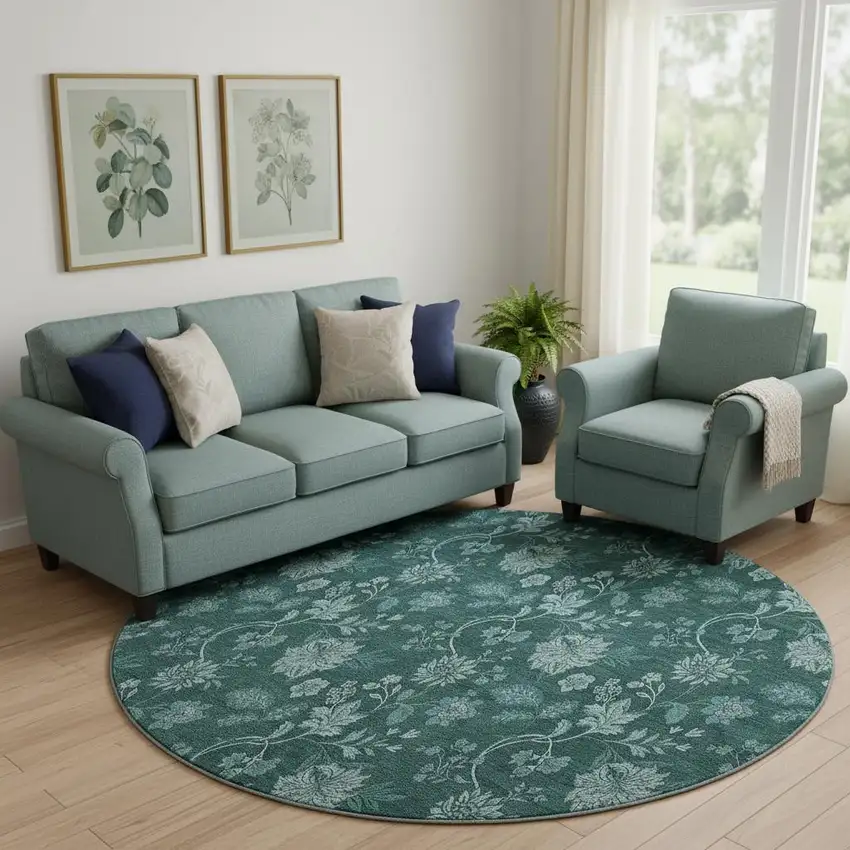8' Teal And Ivory Floral Washable Round Rug With UV Protection Photo 1