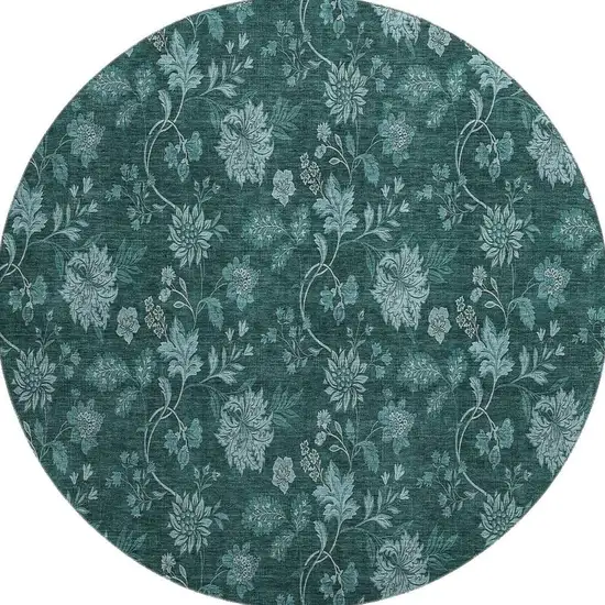 8' Teal And Ivory Floral Washable Round Rug With UV Protection Photo 3