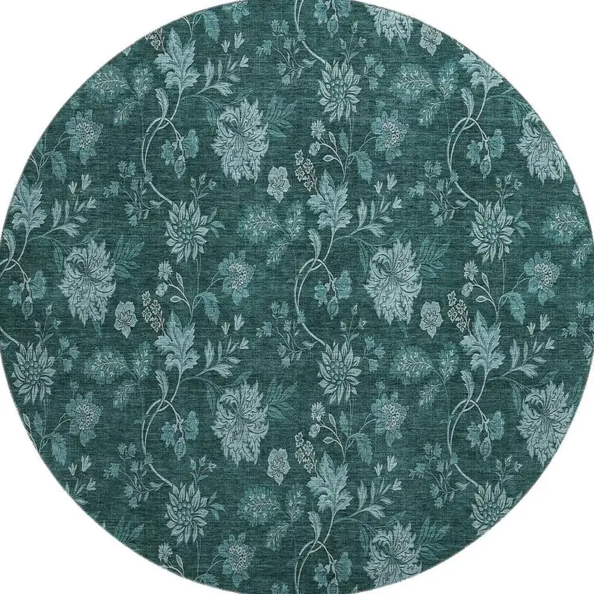 8' Teal And Ivory Floral Washable Round Rug With UV Protection Photo 3