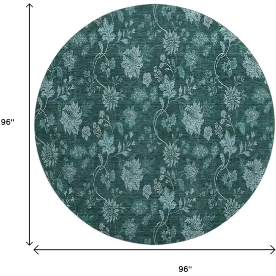 8' Teal And Ivory Floral Washable Round Rug With UV Protection Photo 6
