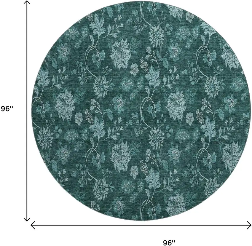 8' Teal And Ivory Floral Washable Round Rug With UV Protection Photo 6