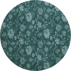 Photo of 8' Teal And Ivory Floral Washable Round Rug With UV Protection