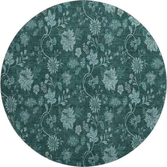 8' Teal And Ivory Floral Washable Round Rug With UV Protection Photo 1
