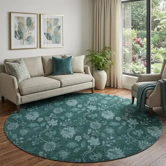 8' Teal And Ivory Floral Washable Round Rug With UV Protection Photo 1
