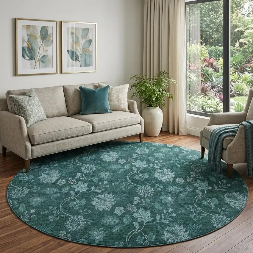 8' Teal And Ivory Floral Washable Round Rug With UV Protection Photo 1