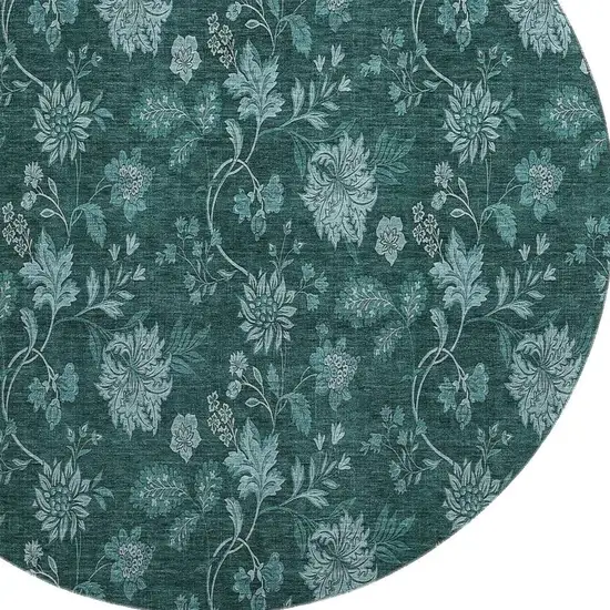 8' Teal And Ivory Floral Washable Round Rug With UV Protection Photo 4