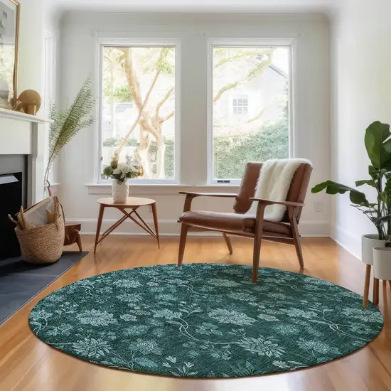 8' Teal And Ivory Floral Washable Round Rug With UV Protection Photo 5