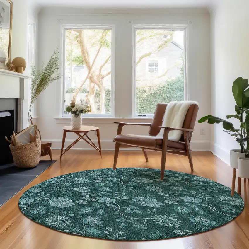 8' Teal And Ivory Floral Washable Round Rug With UV Protection Photo 5