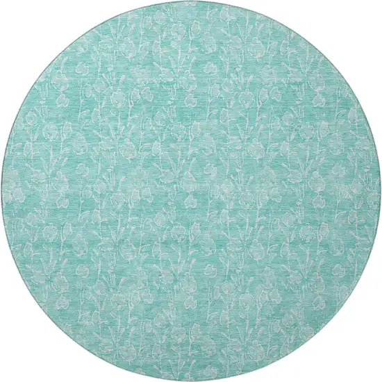 8' Teal And Ivory Floral Washable Round Rug With UV Protection Photo 3