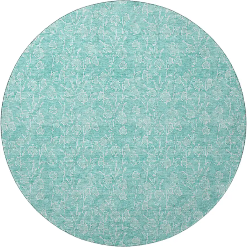 8' Teal And Ivory Floral Washable Round Rug With UV Protection Photo 3