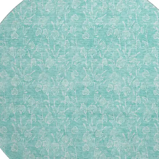 8' Teal And Ivory Floral Washable Round Rug With UV Protection Photo 2