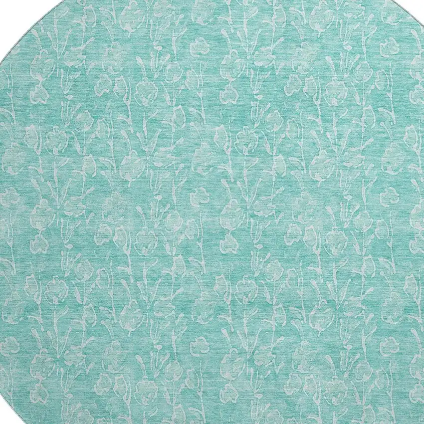 8' Teal And Ivory Floral Washable Round Rug With UV Protection Photo 2