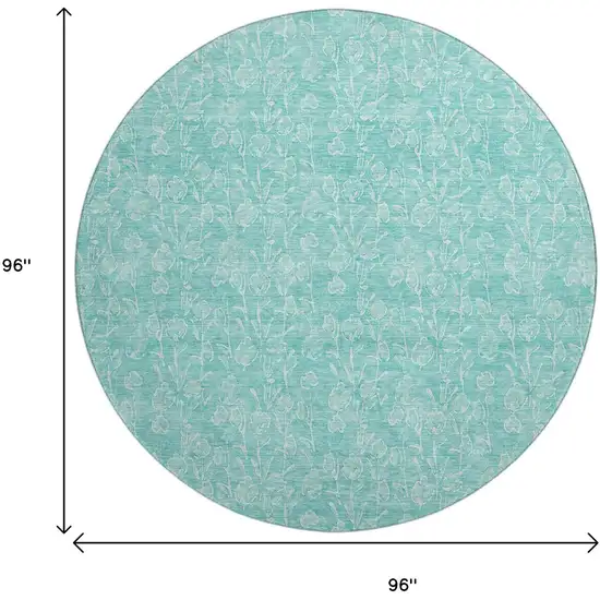 8' Teal And Ivory Floral Washable Round Rug With UV Protection Photo 9