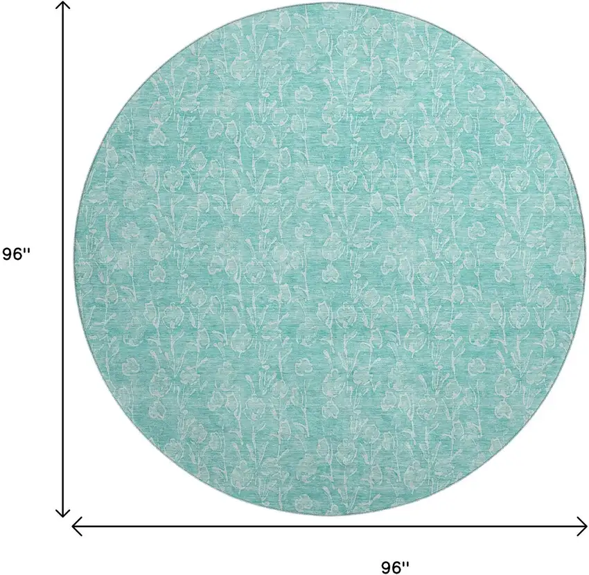 8' Teal And Ivory Floral Washable Round Rug With UV Protection Photo 9