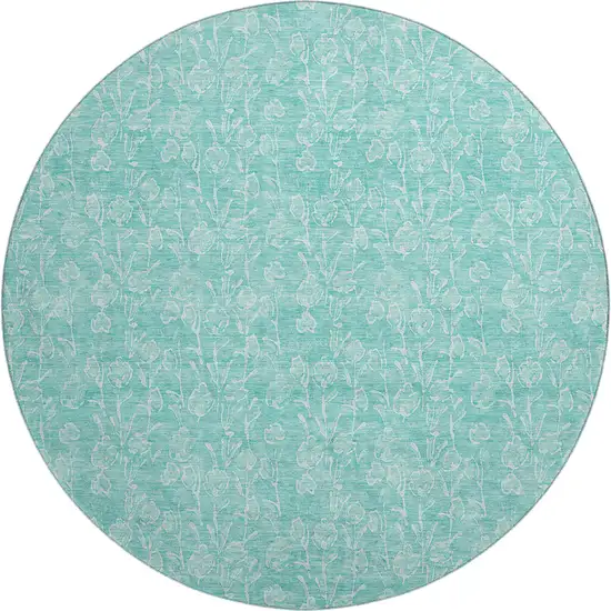 8' Teal And Ivory Floral Washable Round Rug With UV Protection Photo 1