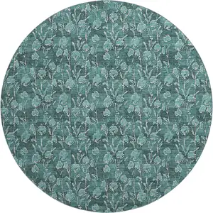 Photo of 8' Teal And Ivory Floral Washable Round Rug With UV Protection