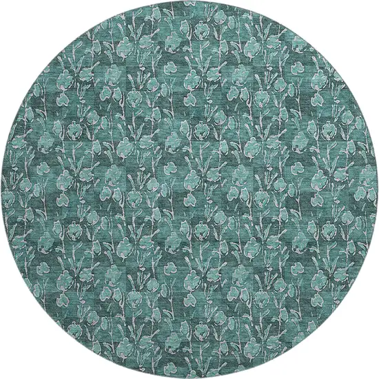 8' Teal And Ivory Floral Washable Round Rug With UV Protection Photo 1