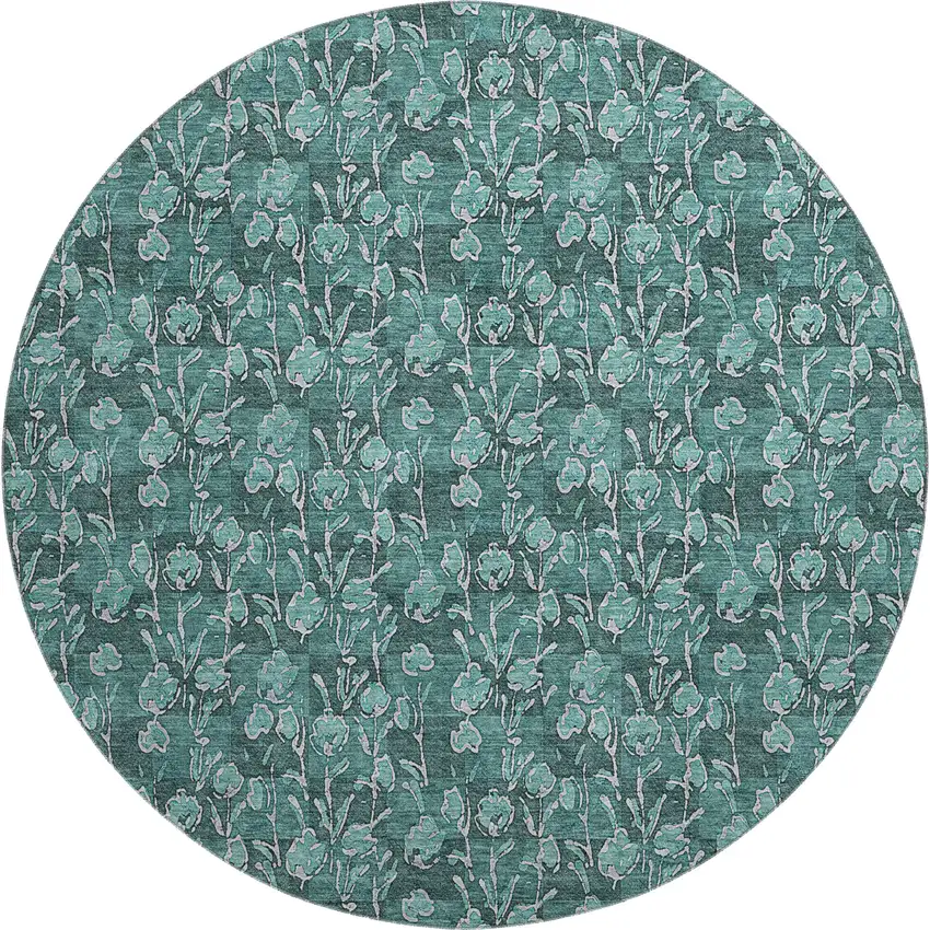 8' Teal And Ivory Floral Washable Round Rug With UV Protection Photo 1
