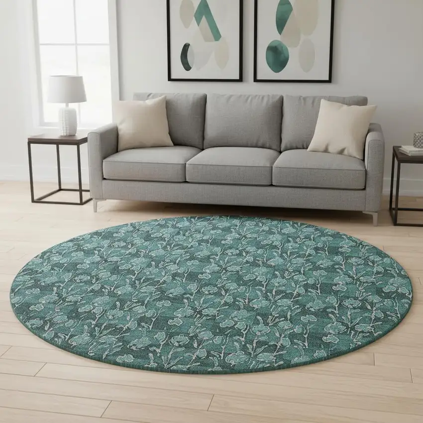 8' Teal And Ivory Floral Washable Round Rug With UV Protection Photo 2
