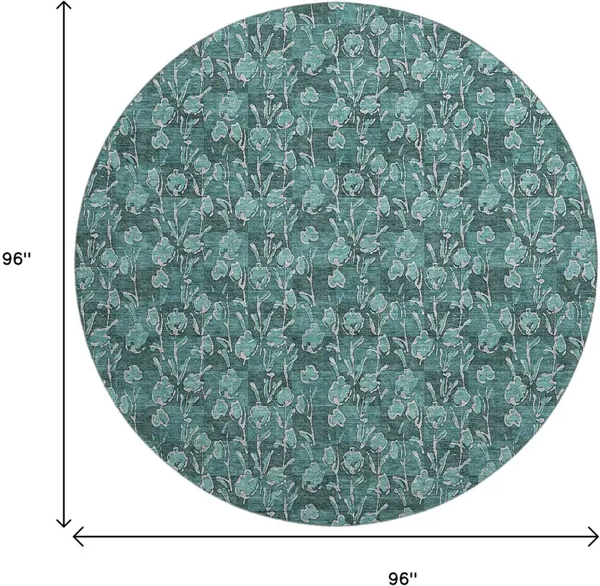 8' Teal And Ivory Floral Washable Round Rug With UV Protection Photo 6
