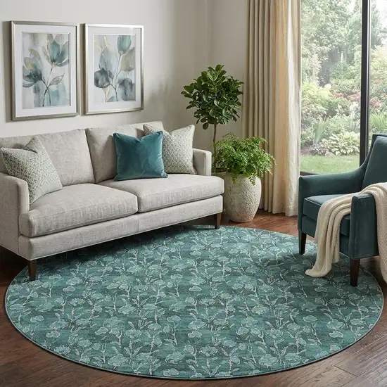 8' Teal And Ivory Floral Washable Round Rug With UV Protection Photo 1