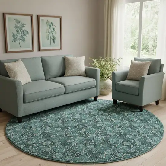 8' Teal And Ivory Floral Washable Round Rug With UV Protection Photo 1