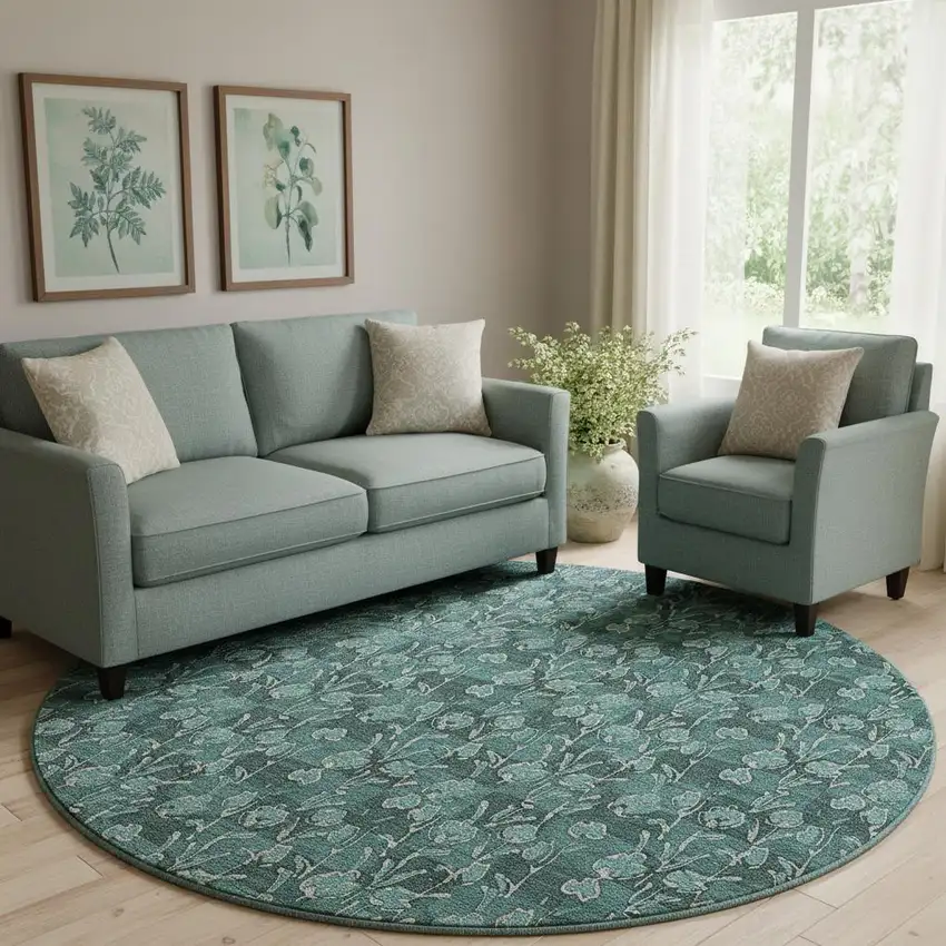8' Teal And Ivory Floral Washable Round Rug With UV Protection Photo 1