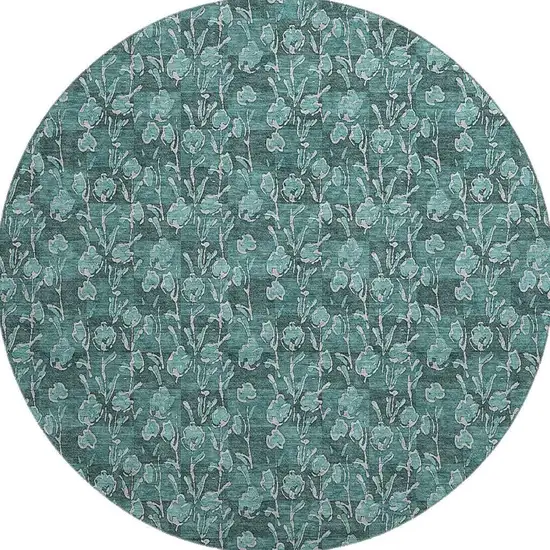 8' Teal And Ivory Floral Washable Round Rug With UV Protection Photo 3