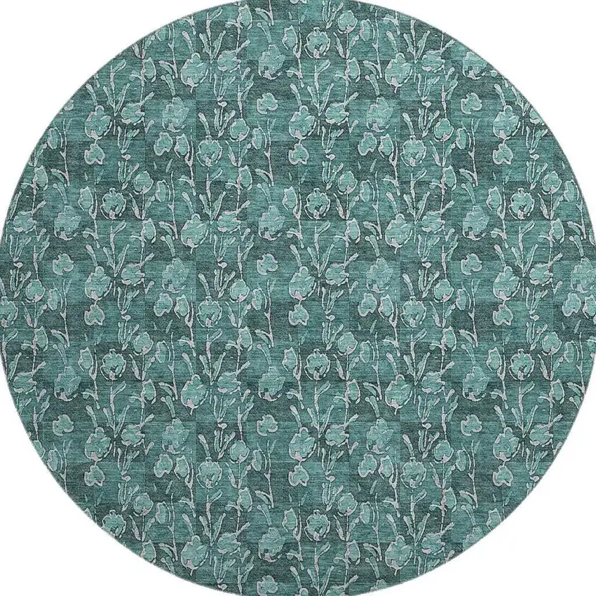 8' Teal And Ivory Floral Washable Round Rug With UV Protection Photo 3