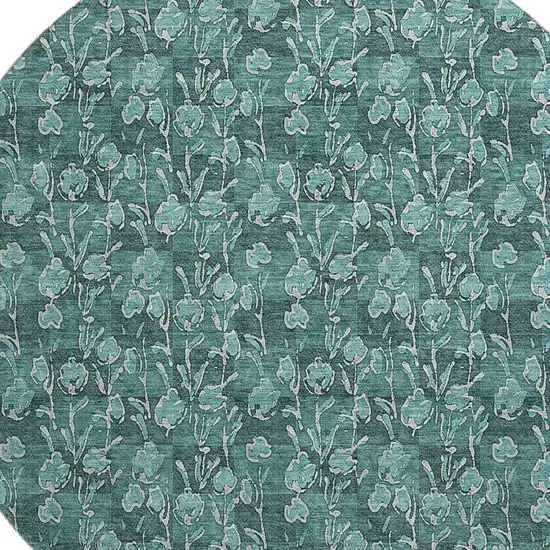 8' Teal And Ivory Floral Washable Round Rug With UV Protection Photo 4