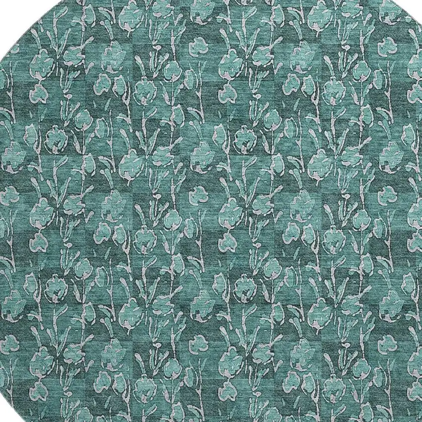 8' Teal And Ivory Floral Washable Round Rug With UV Protection Photo 4