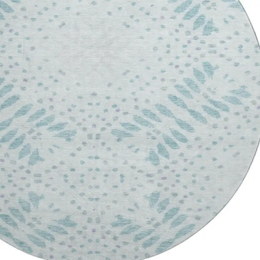 8' Teal And Ivory Floral Washable Round Rug With UV Protection Photo 3