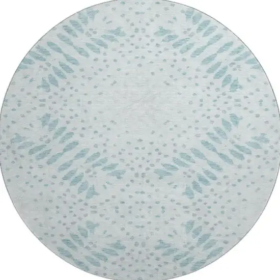 8' Teal And Ivory Floral Washable Round Rug With UV Protection Photo 4