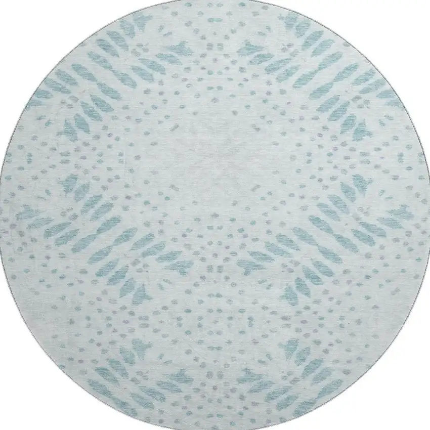8' Teal And Ivory Floral Washable Round Rug With UV Protection Photo 4