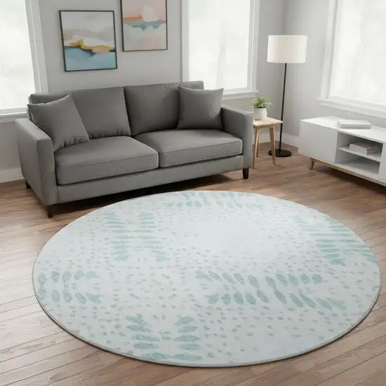 8' Teal And Ivory Floral Washable Round Rug With UV Protection Photo 2