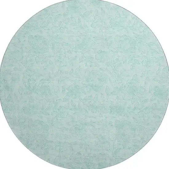8' Teal And Ivory Floral Washable Round Rug With UV Protection Photo 4