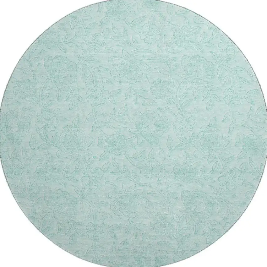 8' Teal And Ivory Floral Washable Round Rug With UV Protection Photo 4