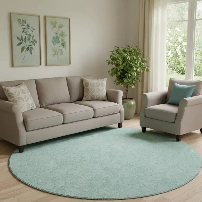 8' Teal And Ivory Floral Washable Round Rug With UV Protection Photo 1