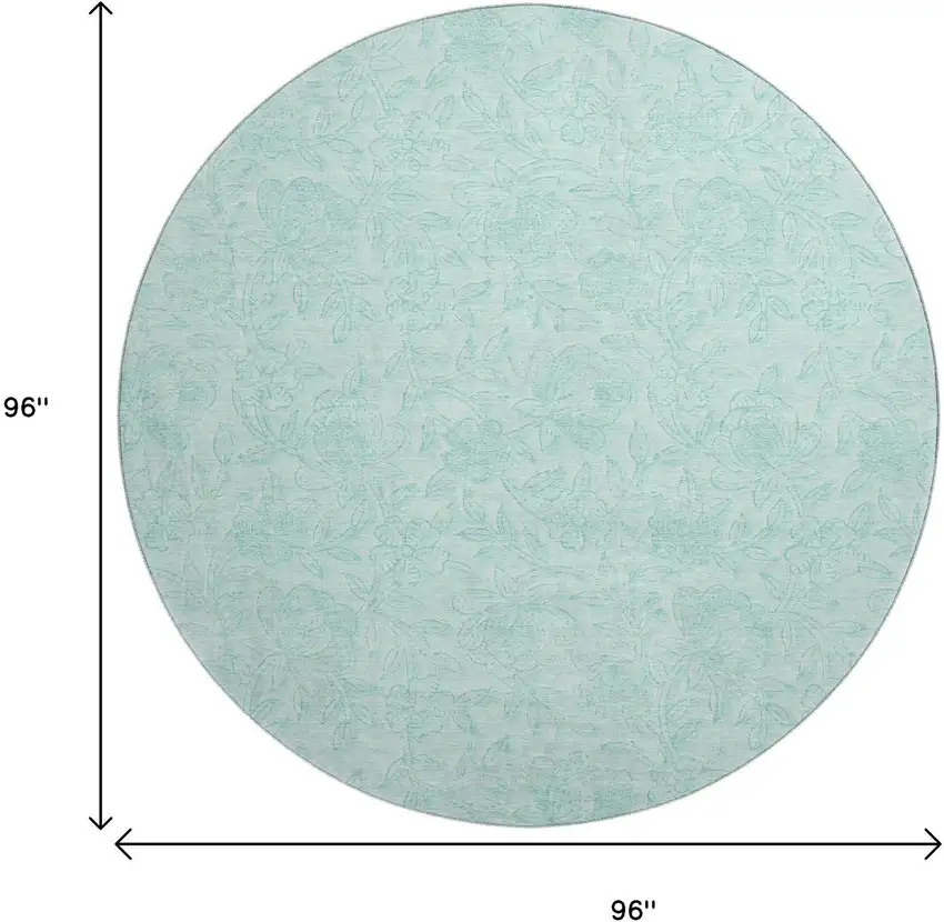 8' Teal And Ivory Floral Washable Round Rug With UV Protection Photo 3