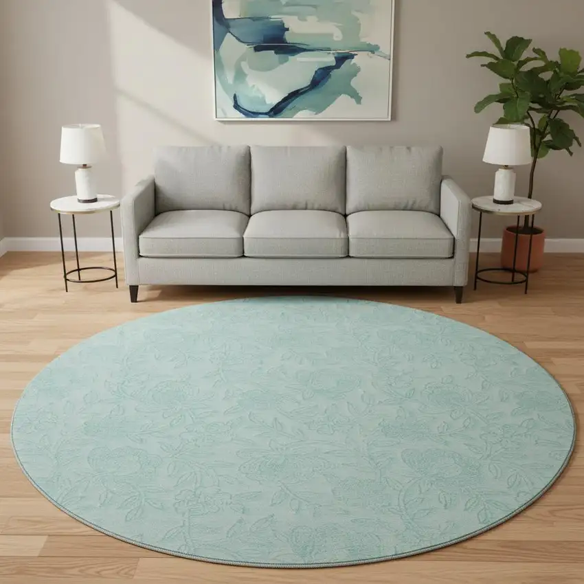 8' Teal And Ivory Floral Washable Round Rug With UV Protection Photo 2