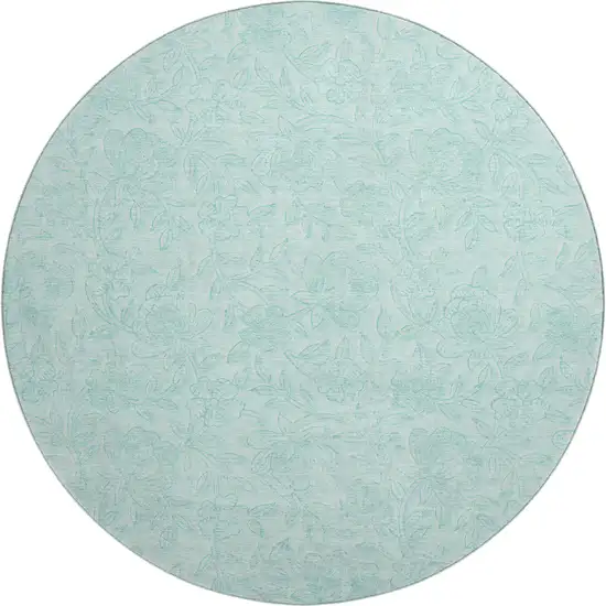 8' Teal And Ivory Floral Washable Round Rug With UV Protection Photo 1