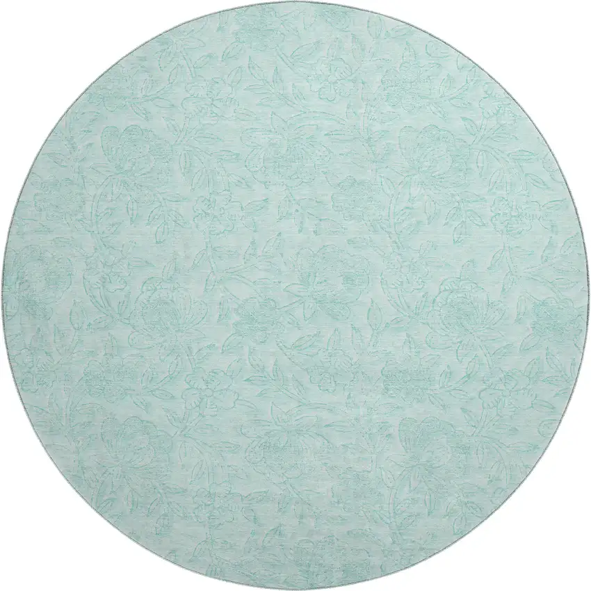 8' Teal And Ivory Floral Washable Round Rug With UV Protection Photo 1